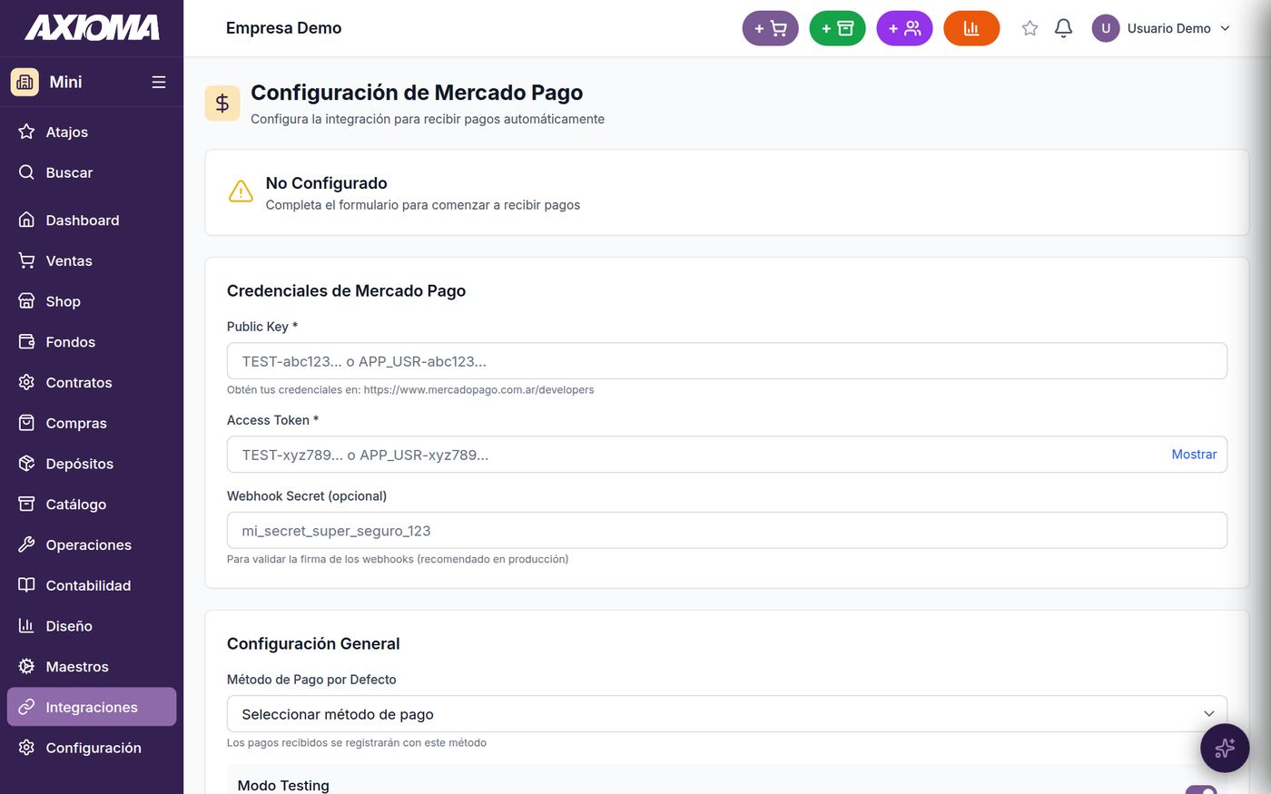 Configuración de Mercado Pago en Axioma Mini