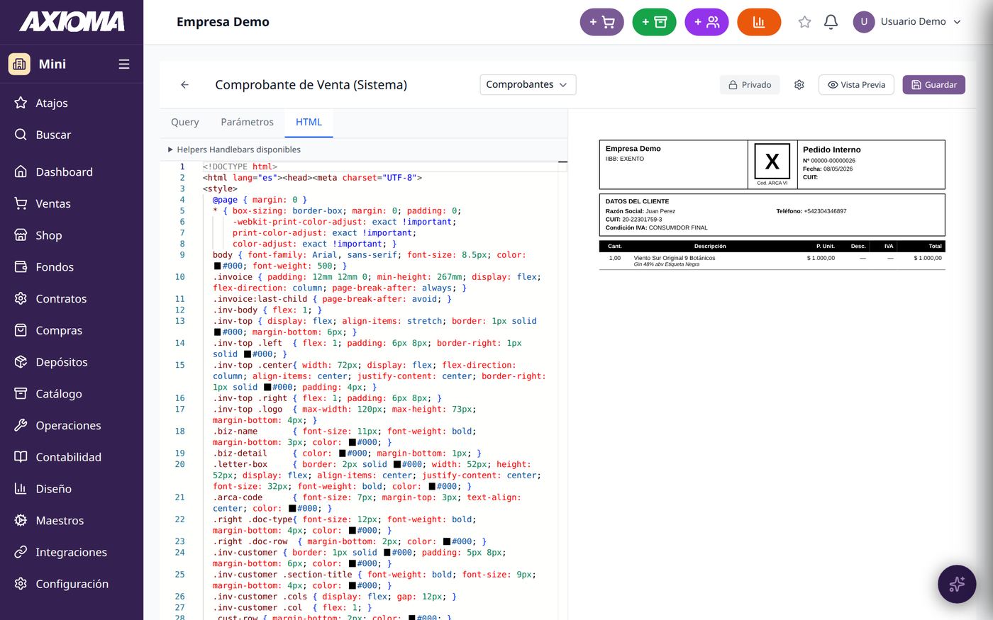 Diseñador de reportes de Axioma Mini, editor de plantillas con vista previa en vivo