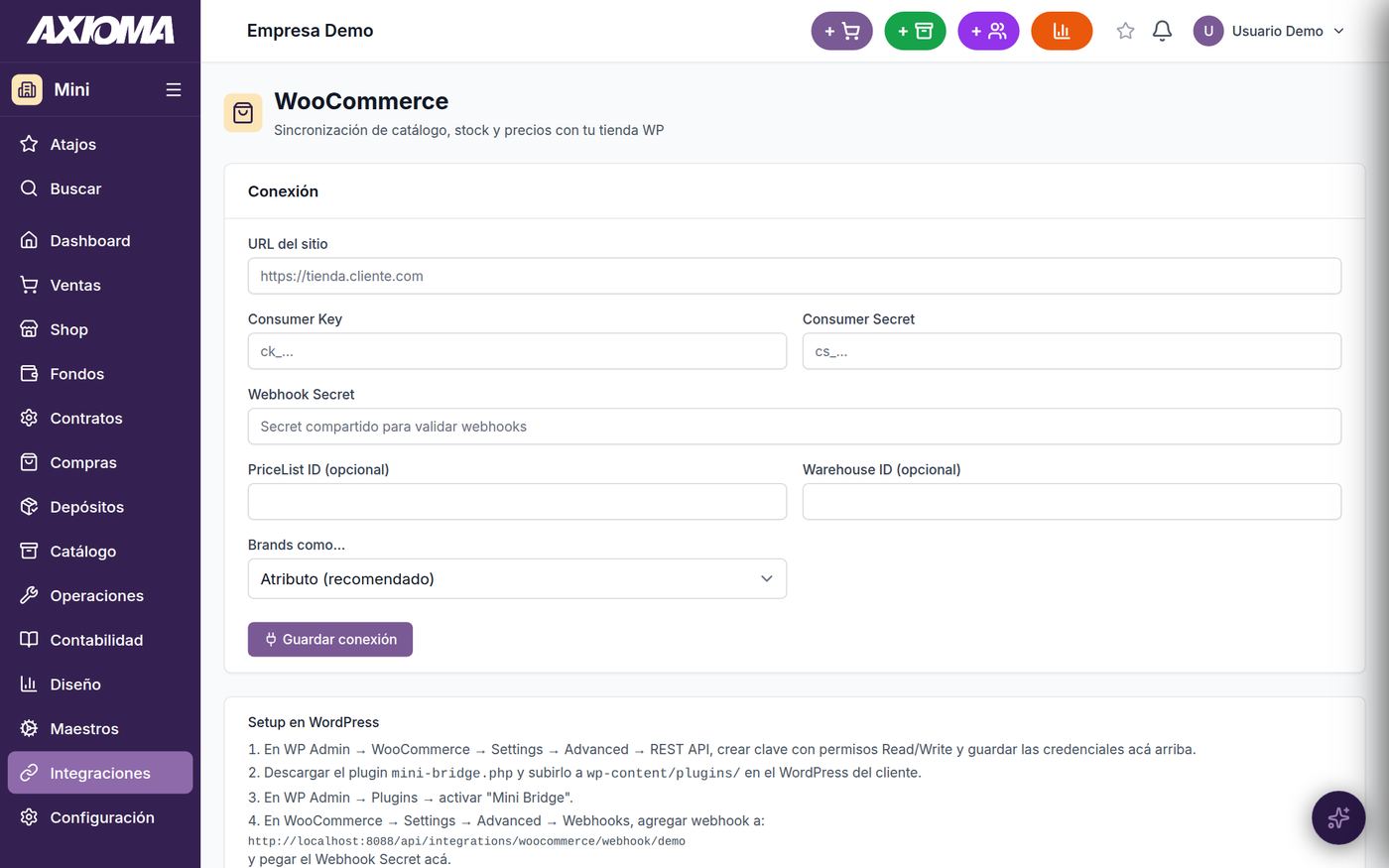 Integración de Axioma Mini con WooCommerce
